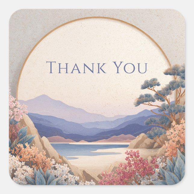 Zen Indigo Mountain Circle Gold Frame Peach Floral Quadratischer Aufkleber (Vorderseite)