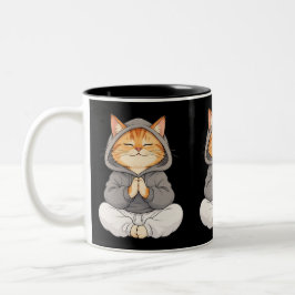 Zen-Katze im Hoodie – Süße meditierende Cartoon-Ka Zweifarbige Tasse