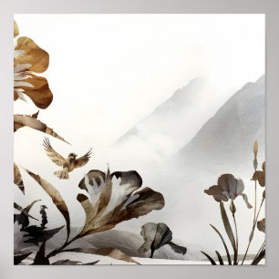 Zen Nebelberg Vögel Minimalistische Natur Poster