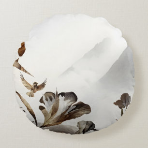 Zen Nebelberg Vögel Minimalistische Natur Rundes Kissen