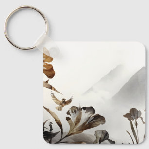 Zen Nebelberg Vögel Minimalistische Natur Schlüsselanhänger