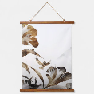 Zen Nebelberg Vögel Minimalistische Natur Wandteppich Mit Holzrahmen