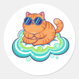 Zen Orange Katze meditiert auf tealer Wolke Runder Aufkleber