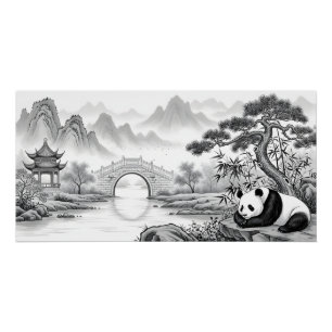 Zen-Panda-Pagode Panorama Traditionelle Tuschmaler Poster