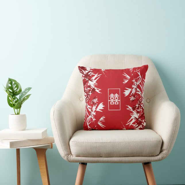 Zen Red Bamboo Verlasse Modernes Chic Double Happy Kissen (Stuhl )