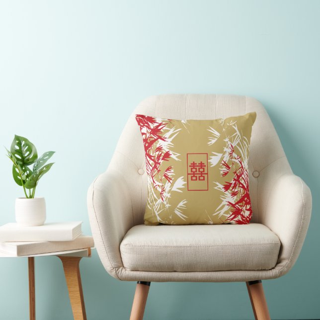 Zen Red Gold Bamboo Verlasse Modernes Double Happy Kissen (Stuhl )