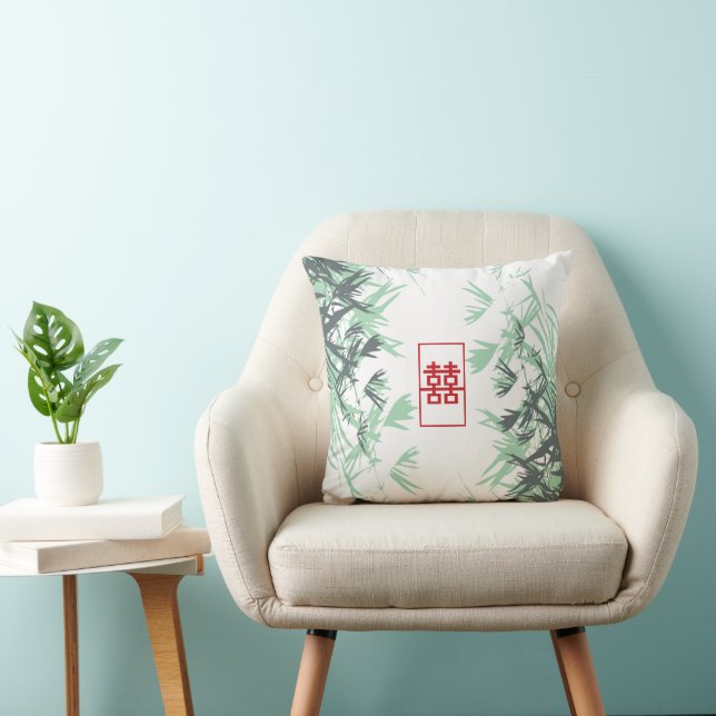 Zen Red Mint Bamboo Verlasse Modernes Double Happy Kissen (Stuhl )