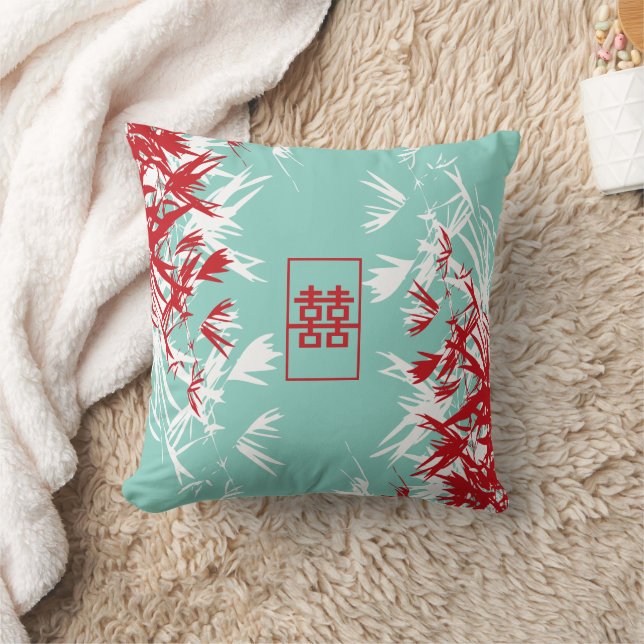 Zen Red Turquoise Bamboo Blätter Doppeltes Glück Kissen (Decke)
