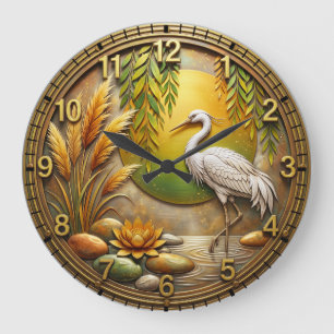 Zen Reiher Sonne & Lotus Runde Acryl-Wanduhr Große Wanduhr