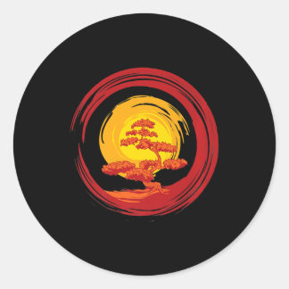 Zen Rising Sun Bonsai Tree Japanische Kalligraphie Runder Aufkleber