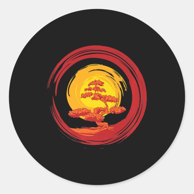 Zen Rising Sun Bonsai Tree Japanische Kalligraphie Runder Aufkleber (Vorderseite)