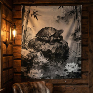 Zen-Schildkröten-Teppich Lotus-Teich-Tusche-Kuns Wandteppich