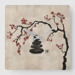 Zen Steine Sakura Baum Quadratische Wanduhr