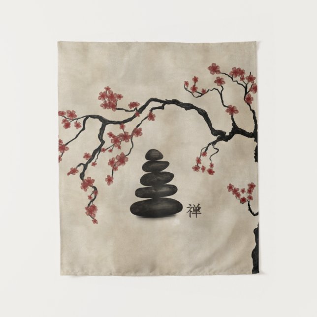 Zen Steine Sakura Baum Wandteppich (Vorderseite)