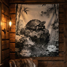 Zen Turtle Tapestry | Lotus Pond Ink Art Wandteppich
