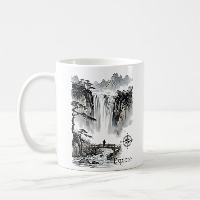 Zen Waterfall Mountain Ink Art Explore Compass Kaffeetasse (Links)
