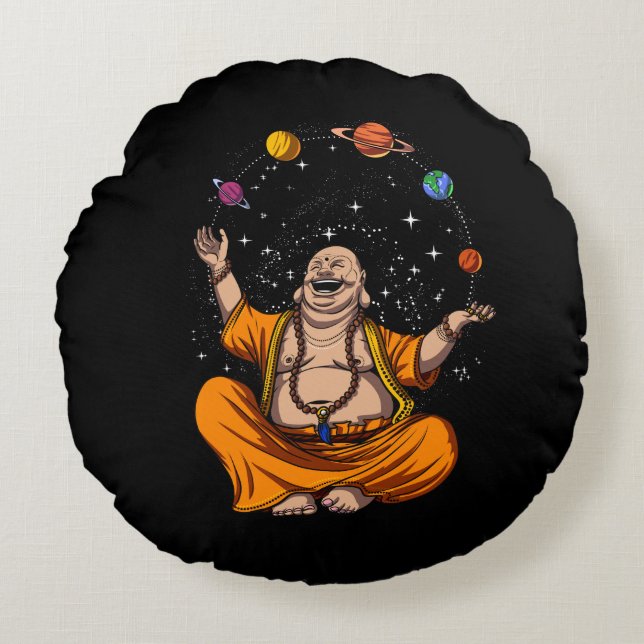 Zen Yoga Buddha Juggling Space Planets Meditation Rundes Kissen (Vorderseite)