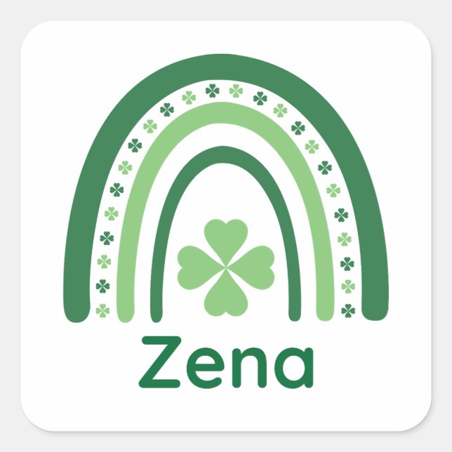 Zena Name Clover Boho Rainbow Quadratischer Aufkleber (Vorderseite)
