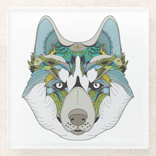 Zenart gemustert Husky Dog Blue Husky Face Glasuntersetzer (Vorderseite)