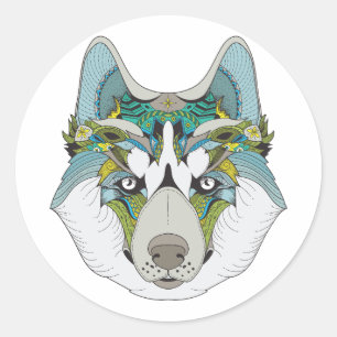 Zenart gemustert Husky Dog Blue Husky Face Runder Aufkleber