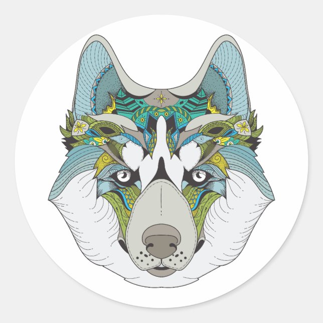 Zenart gemustert Husky Dog Blue Husky Face Runder Aufkleber (Vorderseite)