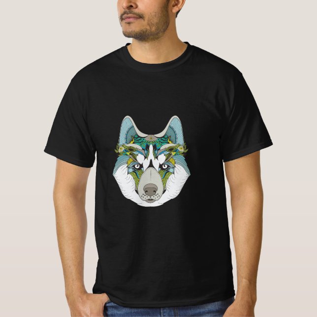 Zenart gemustert Husky Dog Blue Husky Face T-Shirt (Vorderseite)