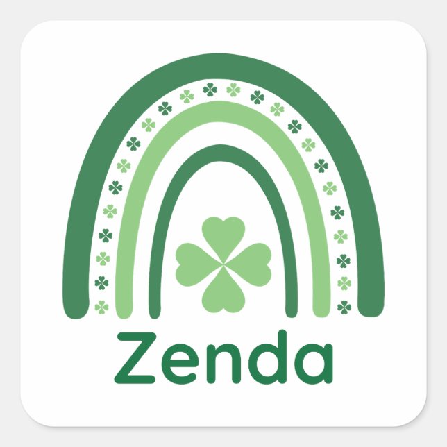 Zenda Name Clover Boho Rainbow Quadratischer Aufkleber (Vorderseite)