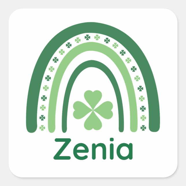 Zenia Name Clover Boho Rainbow Quadratischer Aufkleber (Vorderseite)