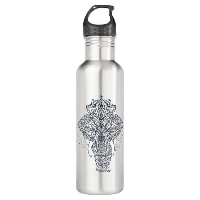 Zentangle inspirierte Elefanten Trinkflasche (Vorderseite)