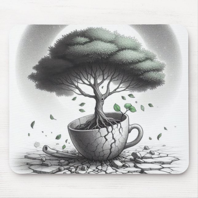 Zerbrochene Tasse mit Baum. Mousepad (Vorne)