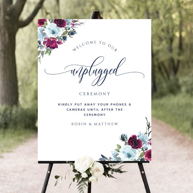 Zeremonie Berry Blue Burgundy Floral Sign Poster (Von Creator hochgeladen)