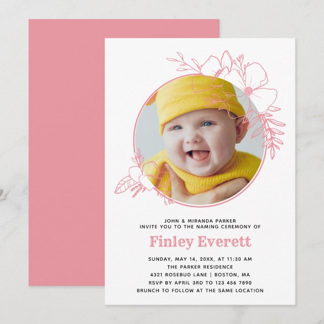 Zeremonie für die Benennung von Babyrahmen in Rosa Einladung (Vorne/Hinten)