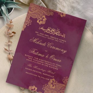 Zeremonie "Gold Lace Burgundy Islamic Mehndi" Einladung