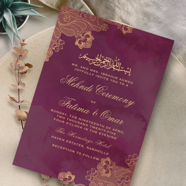 Zeremonie "Gold Lace Burgundy Islamic Mehndi" Einladung (Von Creator hochgeladen)
