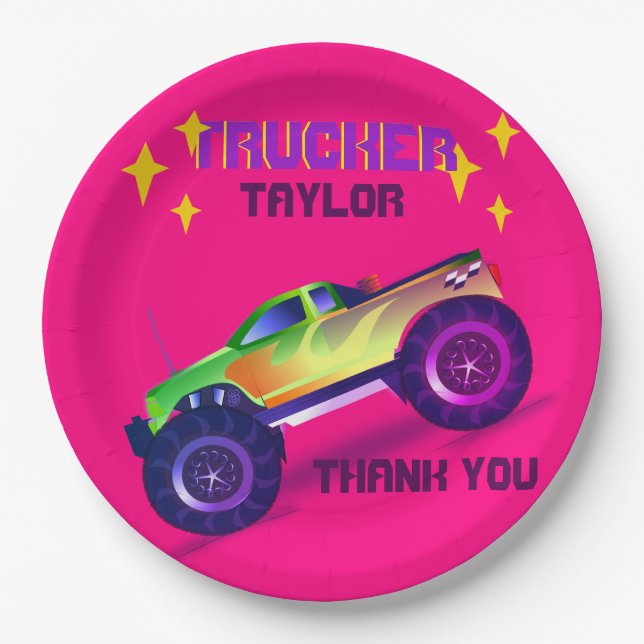Zerkleinern MONSTER TRUCK Girls Pink Vielen Dank Pappteller (Vorderseite)
