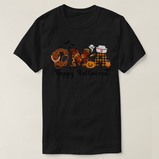 zERl Leopard CMA Nurse Happy Halloween Vibes Pumpk T-Shirt (Design vorne)