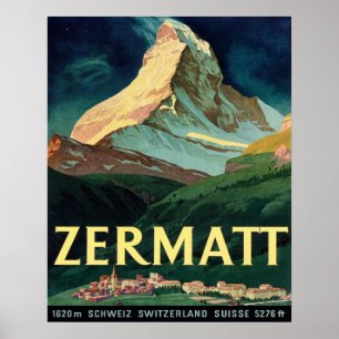 Zermatt, Berggipfel, Schweiz, Retro, Reise Poster