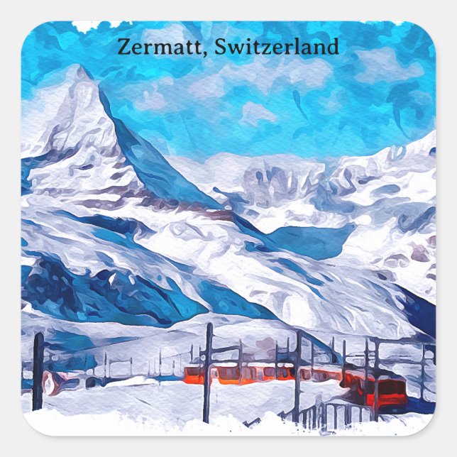 Zermatt Schweiz Schweizer Alpen Winter Wasserfarbe Quadratischer Aufkleber (Vorderseite)