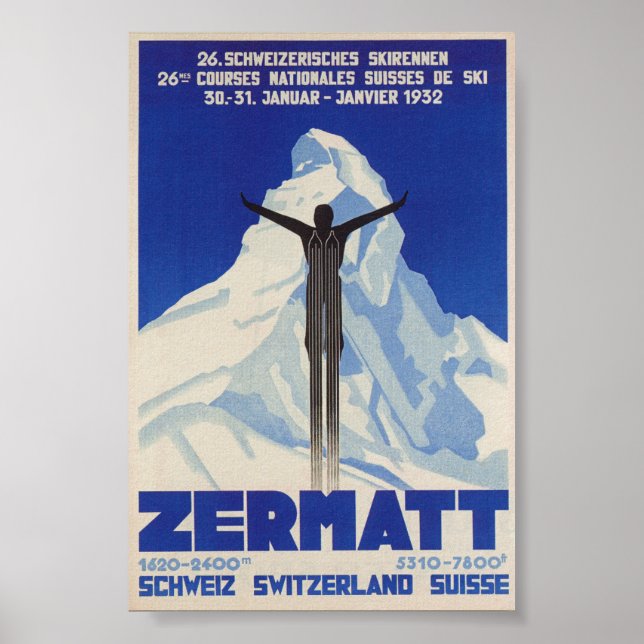 Zermatt Schweiz Vintages Skiposter Poster (Vorne)