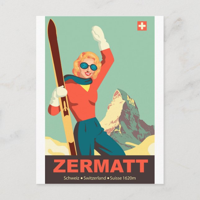 Zermatt Ski Girl, Schweiz Postkarte (Vorderseite)
