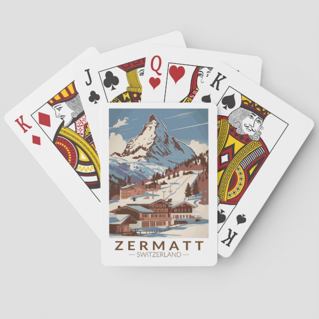 Zermatt Switzerland Illustration Reisen Art Retro Spielkarten (Rückseite)