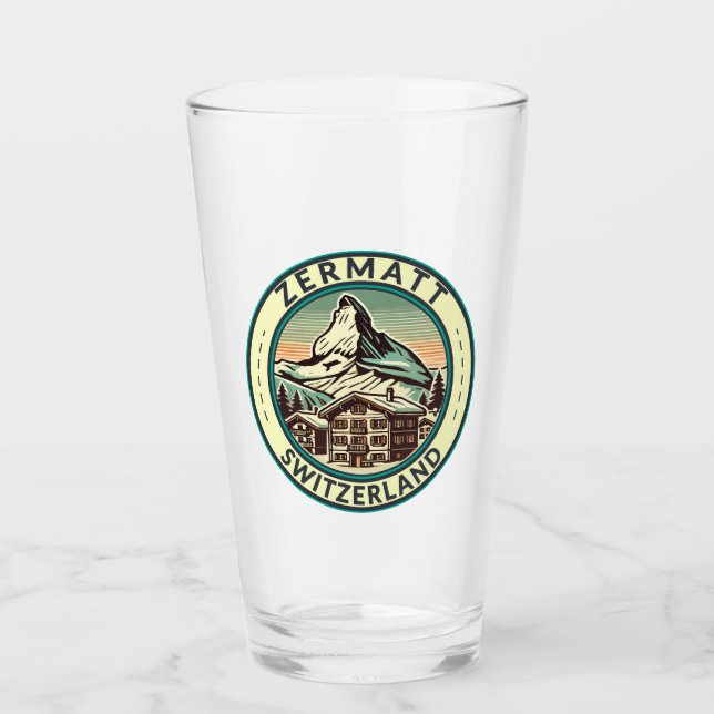 Zermatt Switzerland Illustration Travel Art Abzeic Glas (Vorderseite)