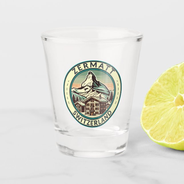 Zermatt Switzerland Illustration Travel Art Abzeic Schnapsglas (Vorderseite)