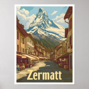 Zermatt Switzerland Vintage Travel Illustration Poster