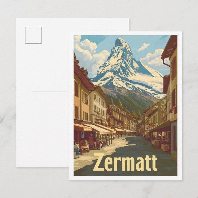 Zermatt Switzerland Vintage Travel Illustration Postkarte (Vorne/Hinten)