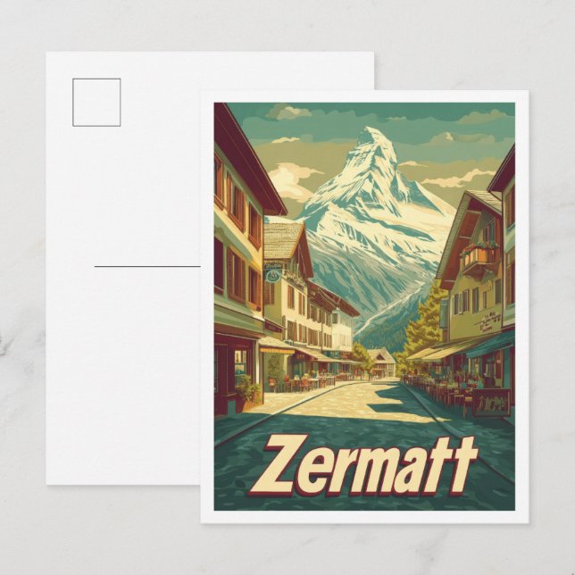 Zermatt Switzerland Vintage Travel Illustration Postkarte (Vorne/Hinten)