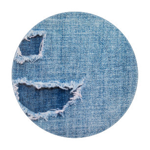 Zerrissene Denim-Stofftextur, blaue Farbtöne. Schneidebrett