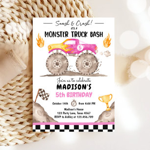 Zerschlagenes Monster Truck Bash Pink Girl Geburts Einladung