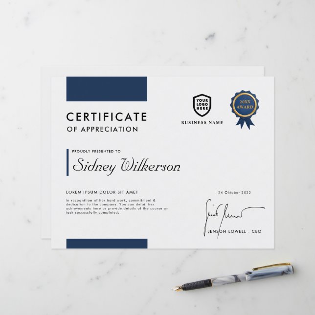 Zertifikat | Vorlage für die Vergabe moderner Firm (Vorderseite/Rückseite Beispiel)