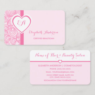 Zertifizierte Beautician Girly Pink Heart Monogram Visitenkarte